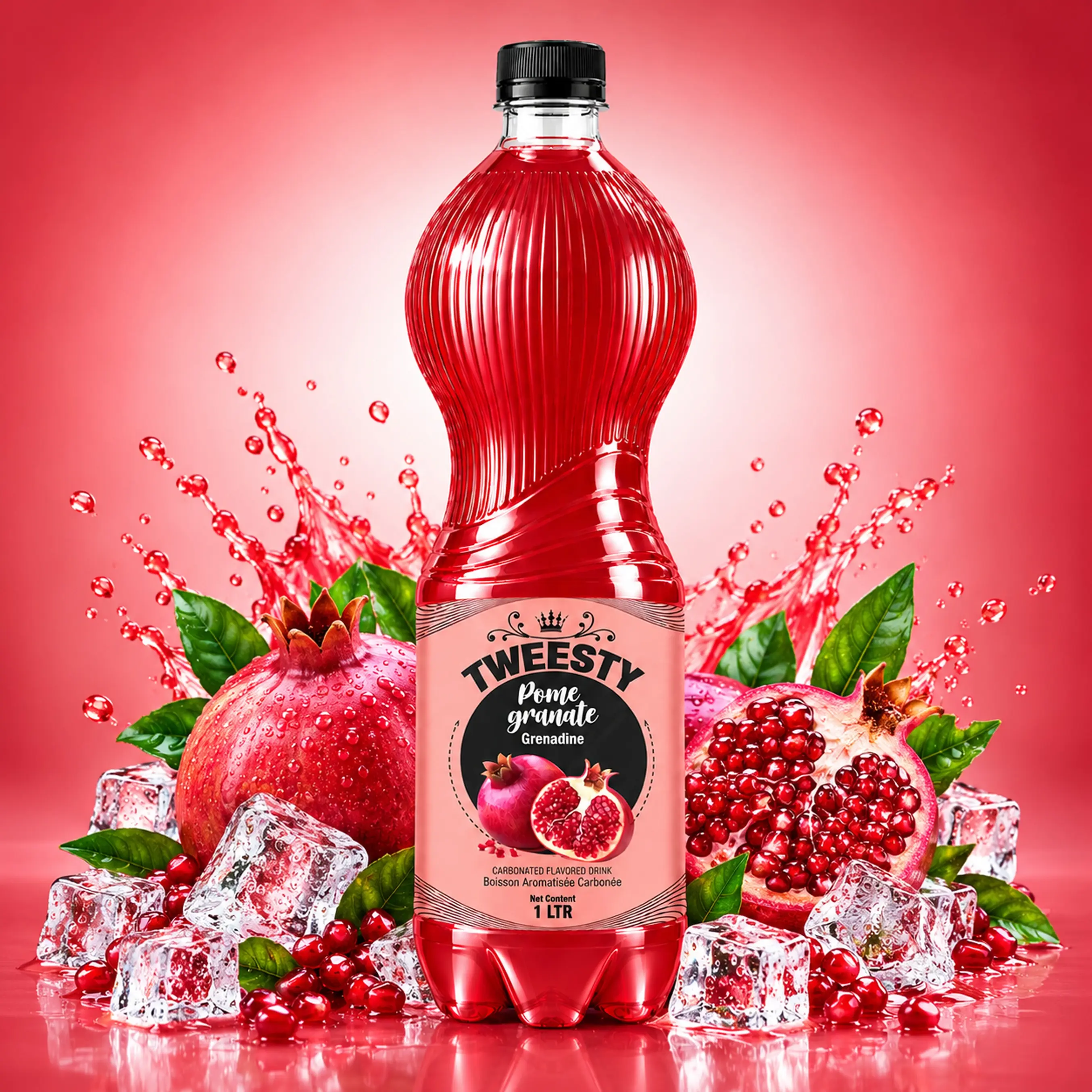 TWEESTY Pomegranate 1L PET bottle with fresh pomegranates and ice.
